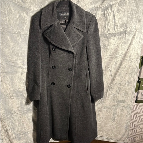 Anne Klein coat women’s size 12 80% Angora and 20% wool dark Gray long pea coat - Picture 1 of 16